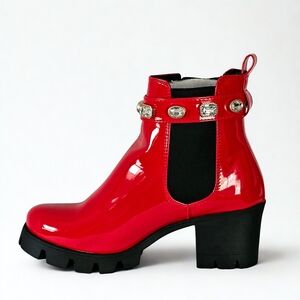 Azalea Wang Loopy Red Patent Ankle Boots Crystal Lug Sole Size 9 NEW